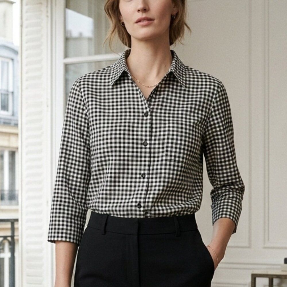 Lauren Ralph Lauren Black and White Silk Checkered Button-Up Shirt Size 14